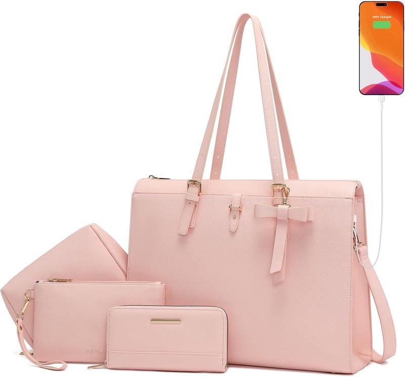 Keyli 4pc Sets Laptop Bag for Women Large Leather Laptop Briefcase with USB Charging Port Computer Shoulder tote Bags Purse - Image 1